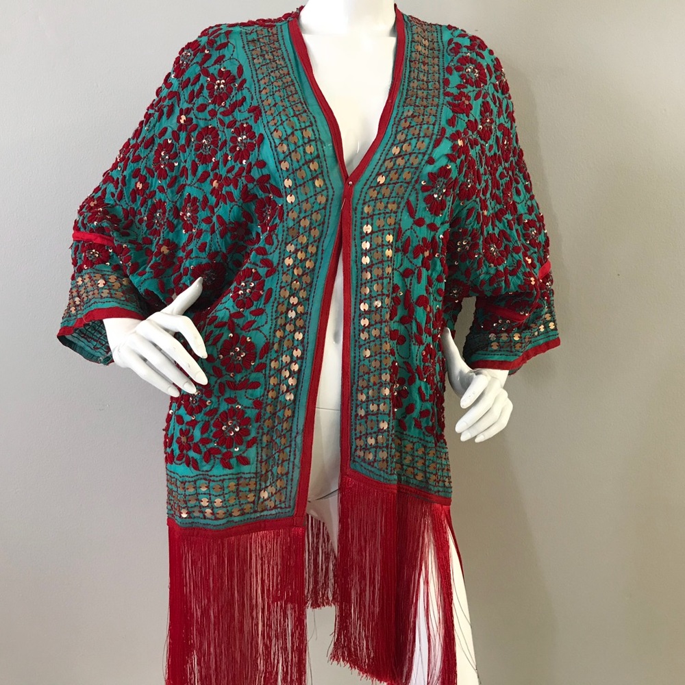 Beautiful Embroidered Fringe Blue Robe/Jacket